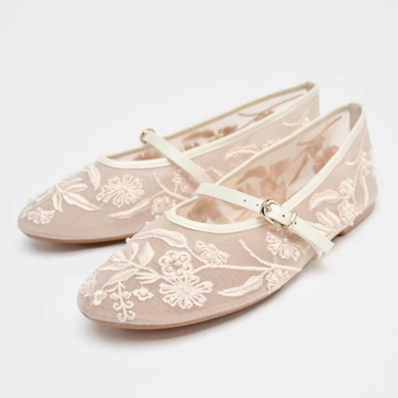 Luxury Embroidery Pearl Mesh Ballet Flats for Women, Fashion Hollow Round Toe Flat Sandals, Elegant Comfortable Belt