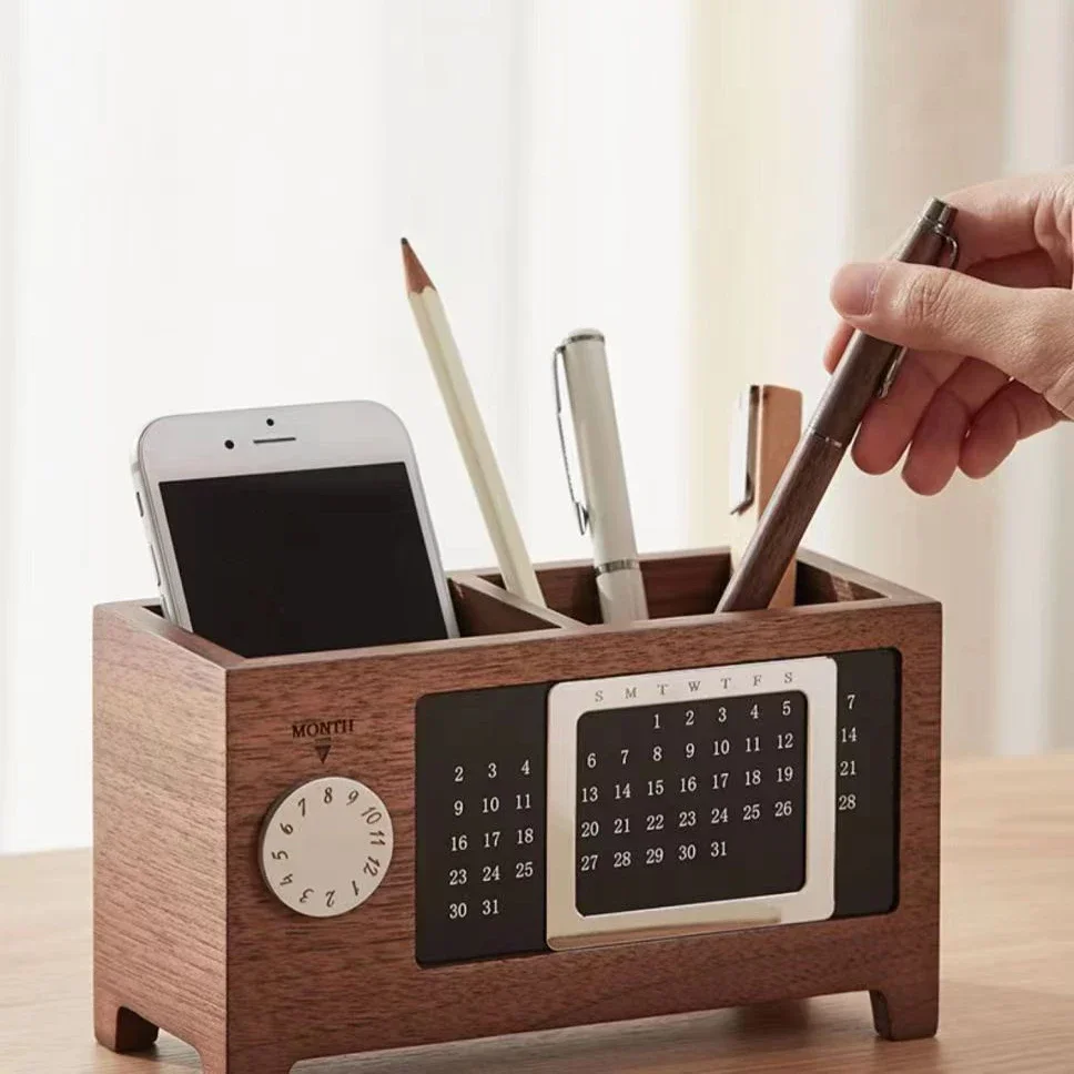 Creative Wooden Multifunctional Box Organizer, Stationery Control for Pen, Pencil, Remote Storage, Desktop Calendar Hold
