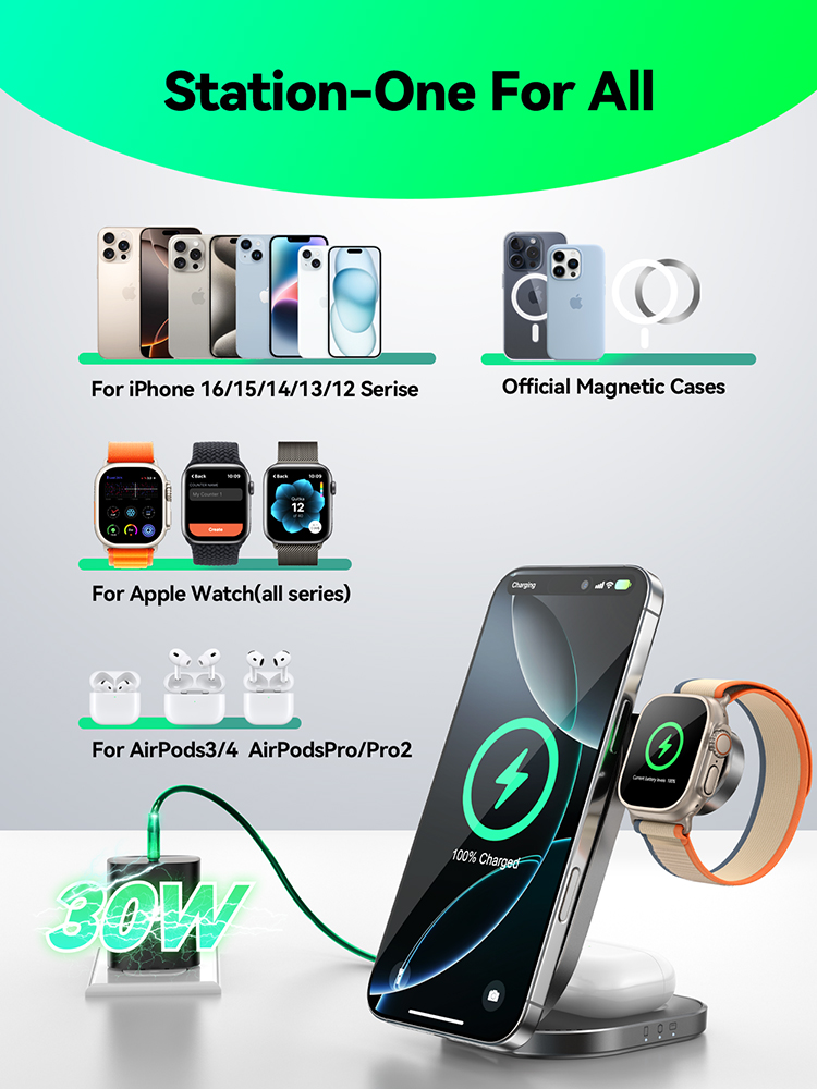 Foldable Qi2 3 in 1 Wireless Charging Station, Fast Wireless Charger Stand, iPhone & Apple Watch