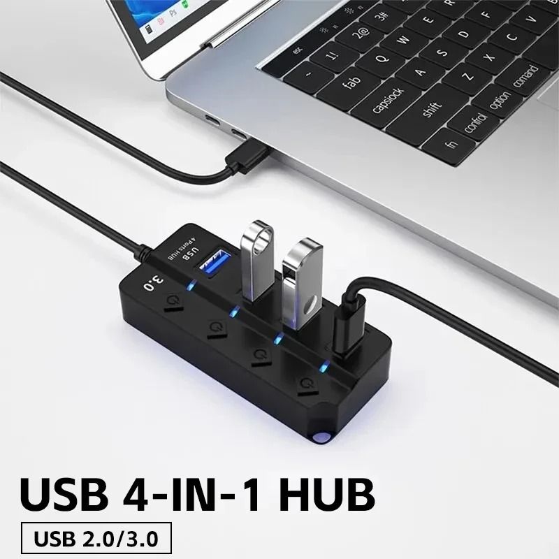 USB Hub 4 in 1 or 7 in 1 Multi Port Splitter with Independent Power Switch and USB Cable