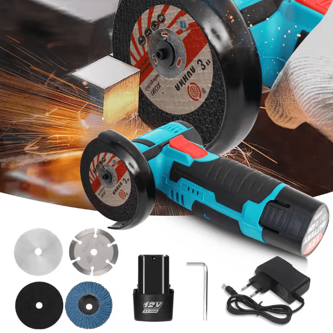 Premium Cordless Brushless Angle Grinder and Car Polisher Kit 12V 16800 RPM with Dual 2.0 Ah Batteries and 5 Discs