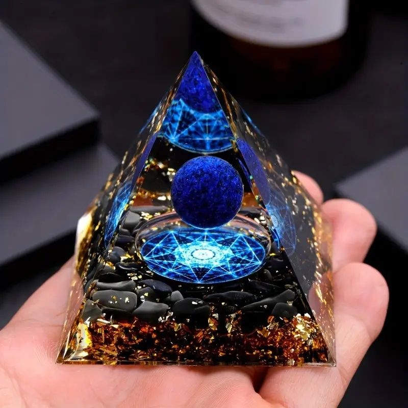 Elegant Lapis Lazuli Crystal Pyramid | Blue Geometric Orgone Decor | Golden & Black Base Healing Stone Ornament