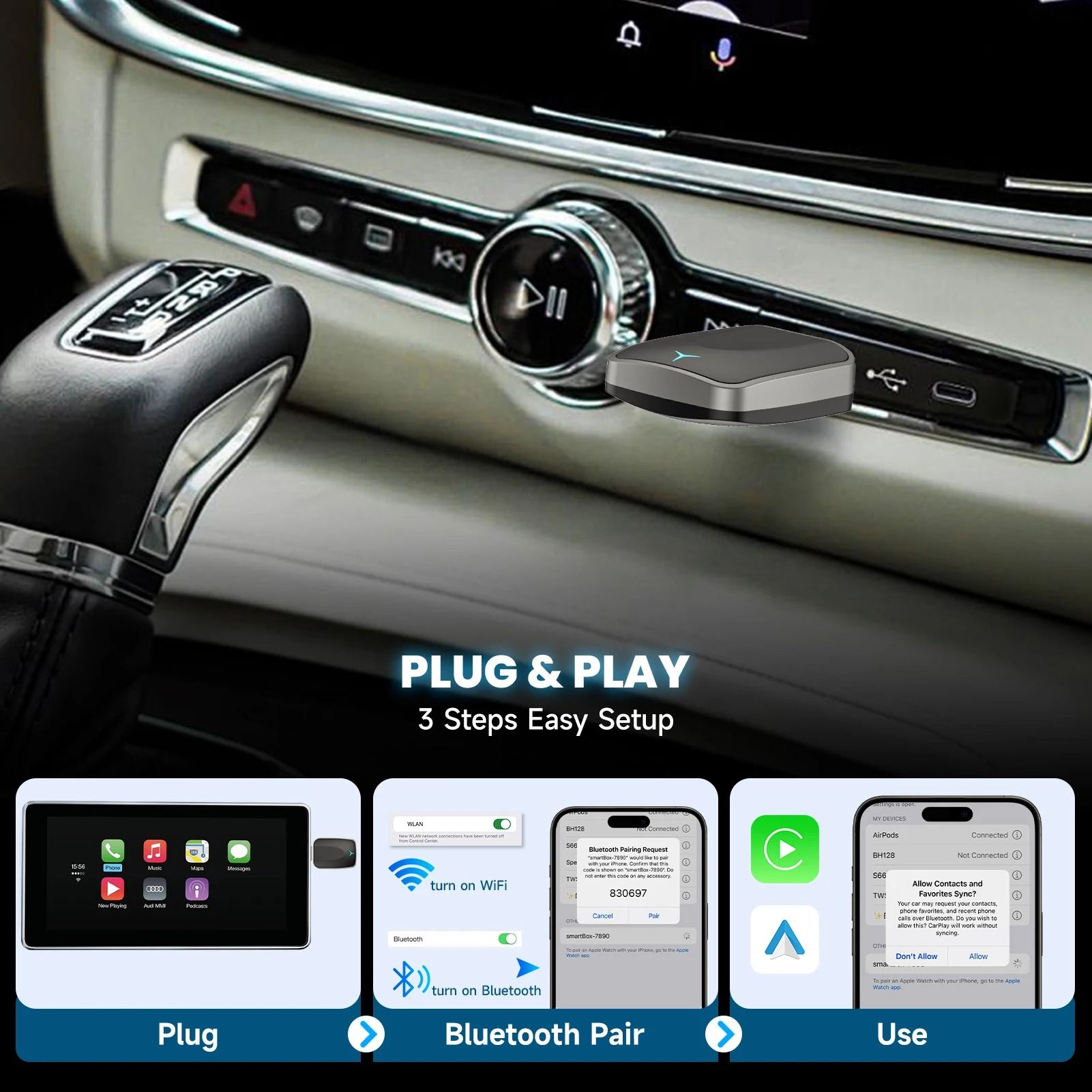 2 in 1 Wireless CarPlay Adapter and Android Auto Wireless Converter Plug and Play