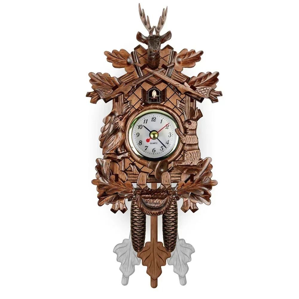 Wooden Cuckoo Wall Clock with Bird Alarm and Silent Quartz Movement