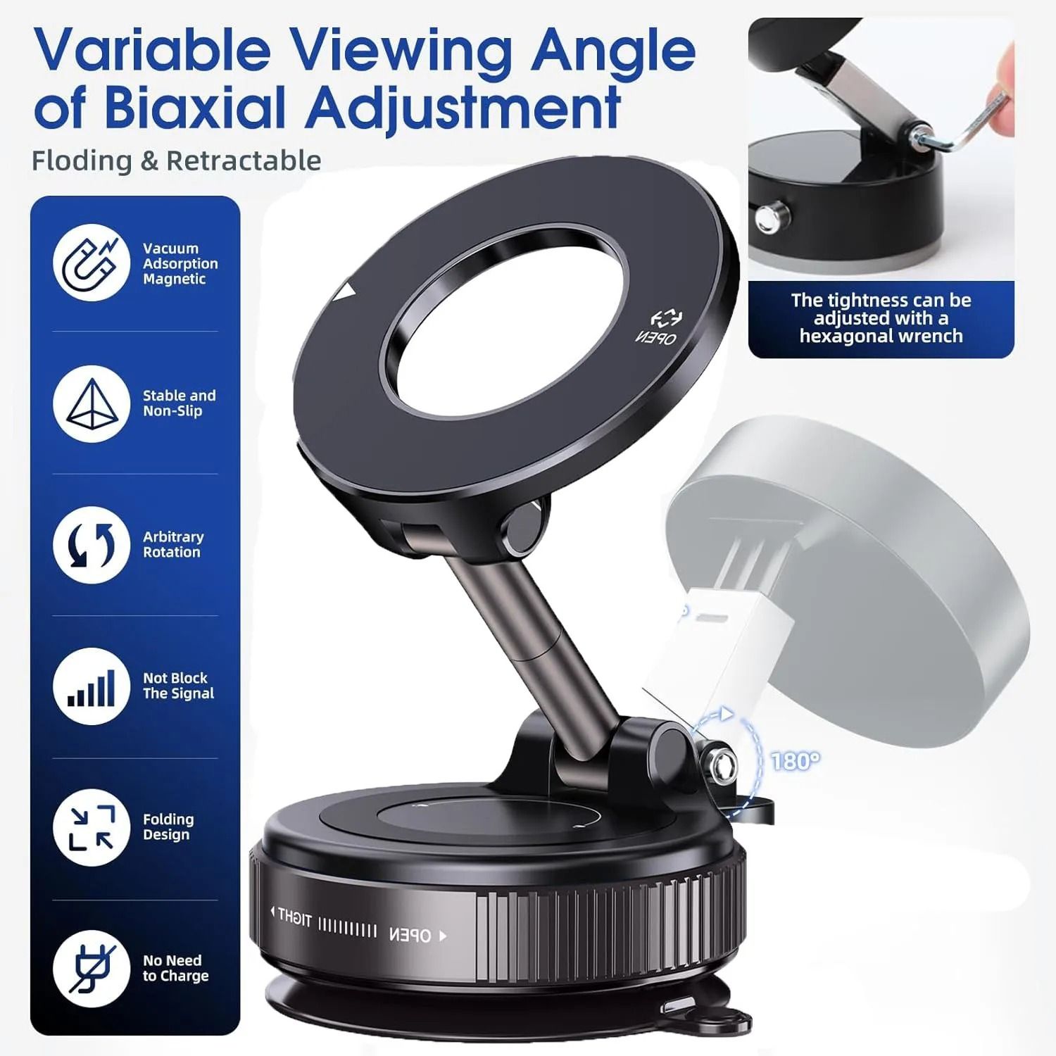 Upgraded Aluminum Alloy Vacuum Magnetic Car Phone Holder With 360 Degree Rotation And Foldable Design