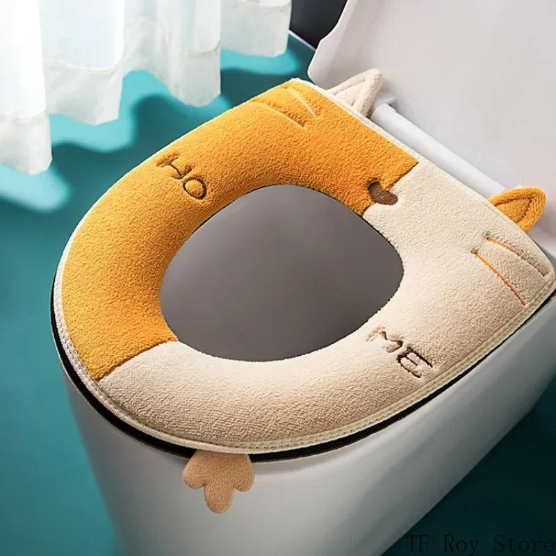 Universal Cartoon Cat Plush Toilet Mat – Thicken Thermal Cushion with Hygienic Lifting Handle