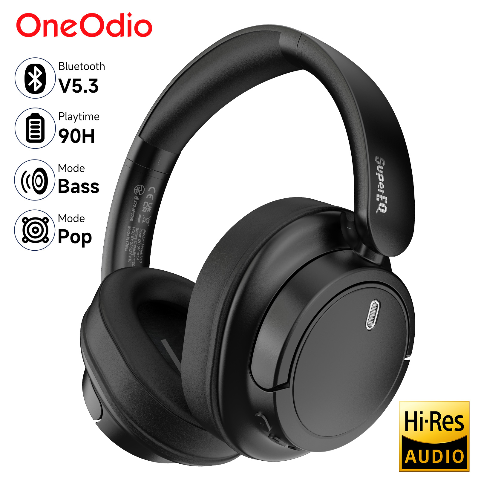 Bluetooth 5.3 Over Ear Headset With Mic, Oneodio SuperEQ V16 Wireless Headphones,Foldable Hi-Res Bass Pop Mode