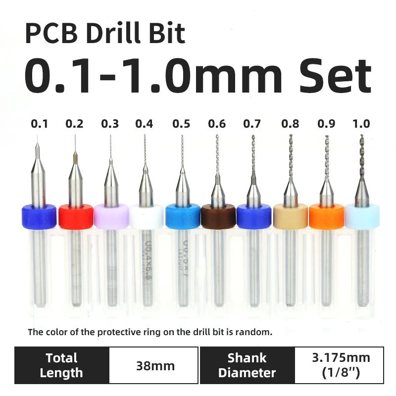 TOOLEYE Carbide PCB Drill Bit Set (10pcs) 1/8 Shank Micro CNC Bits, 0.1–3.175mm