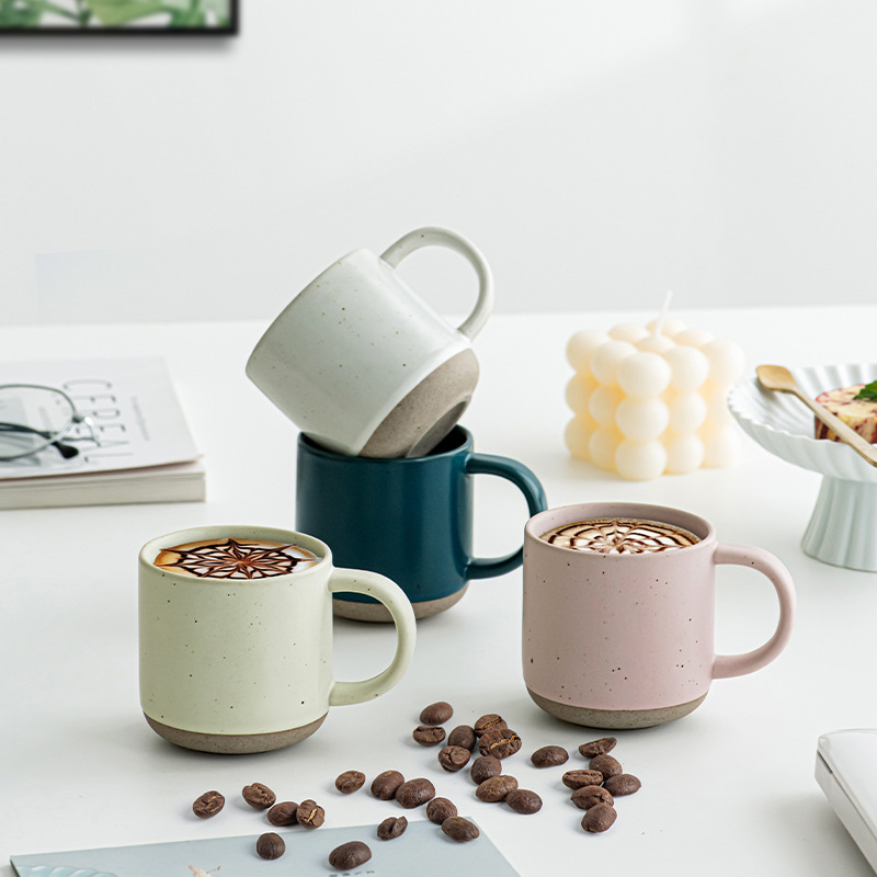 Modern Design White Small Frosted Ceramic Tumblers, Unglazed Base Speckled Coffee Mug With Handle