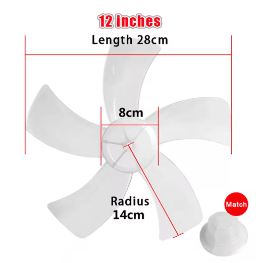 12 Inch Plastic Fan Blade Five Leaf Replacement with Nut Cover for Pedestal and Table Fans