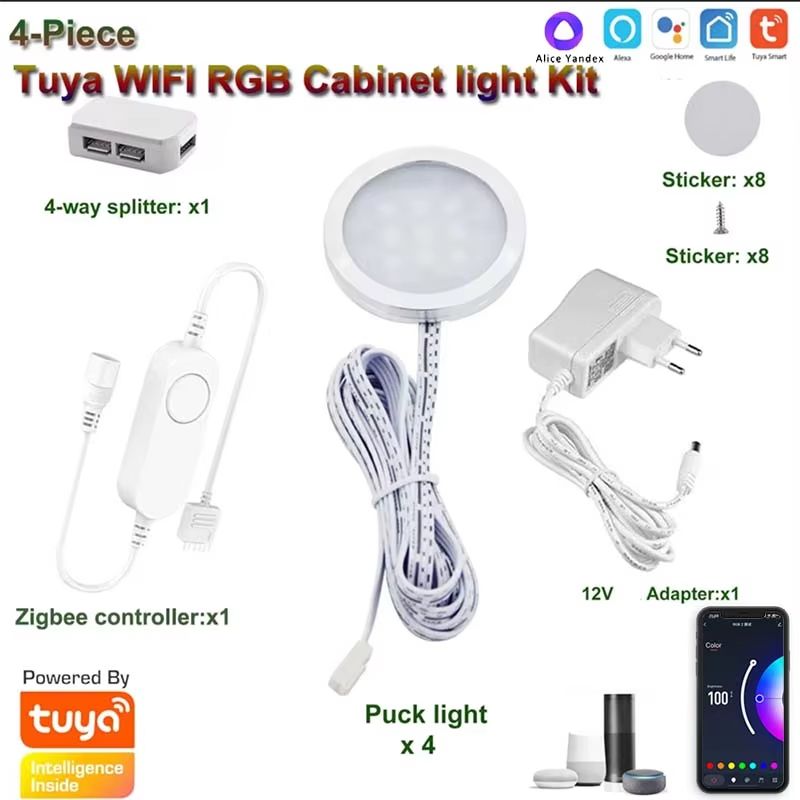 Tuya Smart WiFi RGB LED Under Cabinet Puck Light Kit DC12V