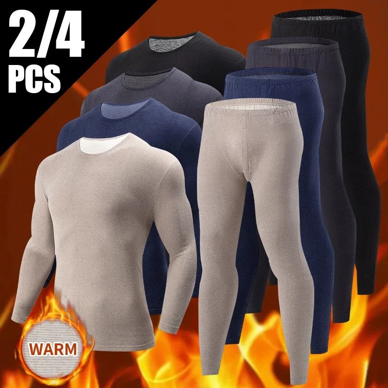 Mens Thermal Underwear Set Fleece Lined Long Sleeve Top and Pants for Autumn and Winter Comfort
