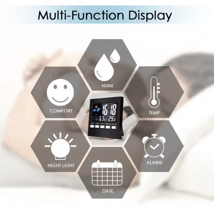 Multi-Function LCD Weather Station Clock – Indoor Temperature & Humidity Monitor with Voice Control