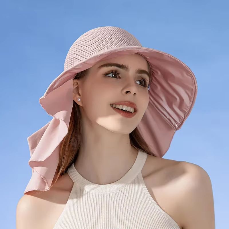 Women's Summer Sun Hat with Face and Neck Protection – Lightweight Mesh Bucket Hat with Shawl and Bow Detail