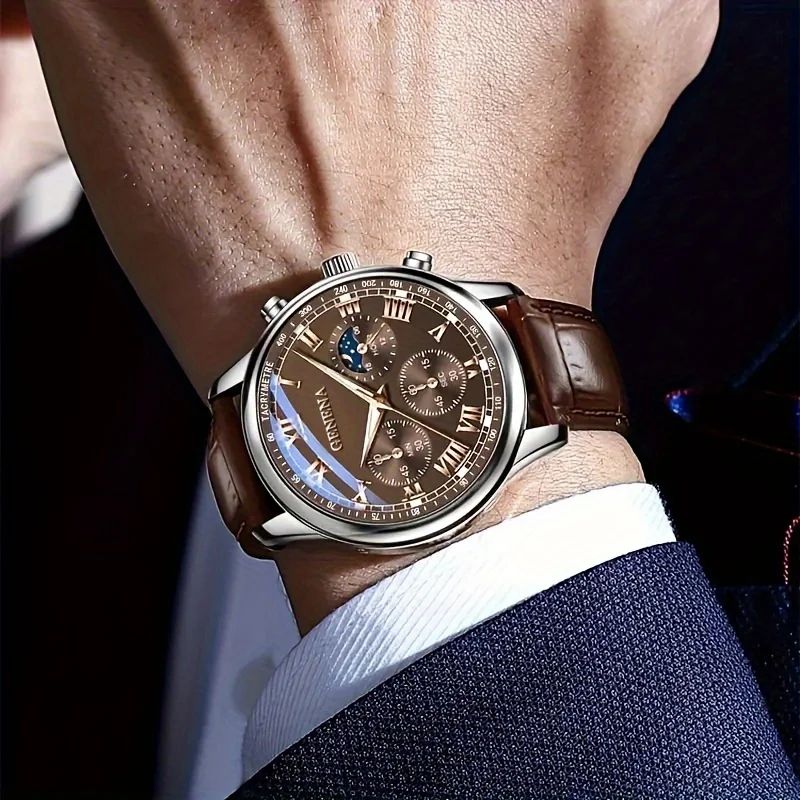 GENEVA Round Business Mens Quartz Watch with Luminous Dial & Leather Strap