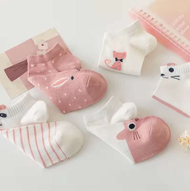 Women Pink Cat Thin Short Tube Socks Cute Casual Comfort Multipack
