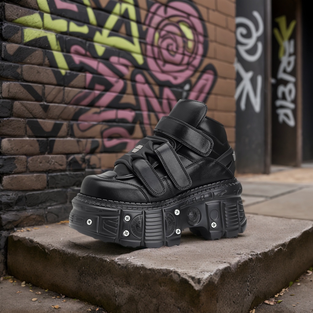 Punk Style Platform Sneakers with Heel Lace-up Metal Decor Gothic Ankle Rock Boots for Women