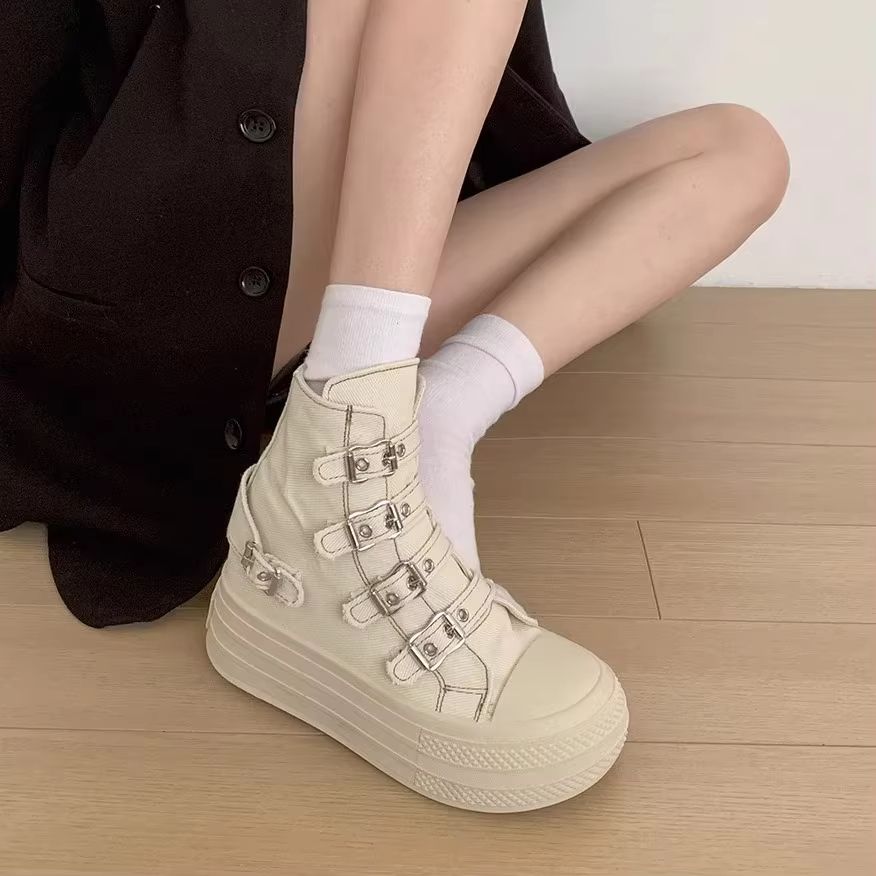 CHABELLA Womens High Top Canvas Sneakers with Buckle Strap & Side Zip – Street Style Comfort Shoes