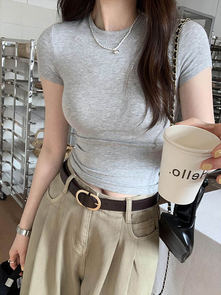 Basic Solid Crop Top T-shirt for Women, Vintage Crewneck Casual Tee, Streetwear for Summer