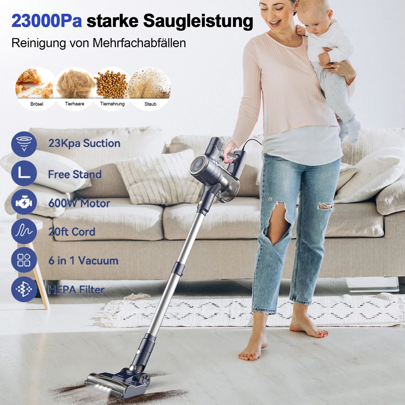 PowerSweep I8 Corded Stick Vacuum Cleaner – 23000Pa High-Suction Lightweight Vacuum for Floors, Carpets & Pet Hair