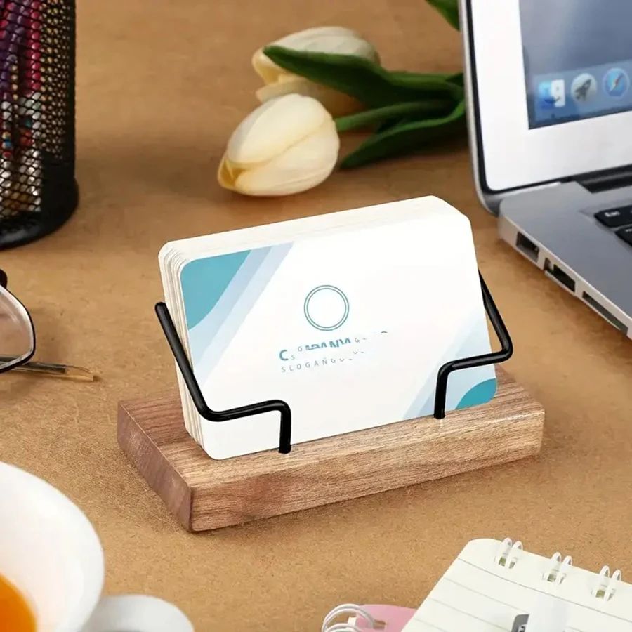 Premium Recycled Wood & Metal Business Card Holder – Desk Organizer & Business Card Display Stand