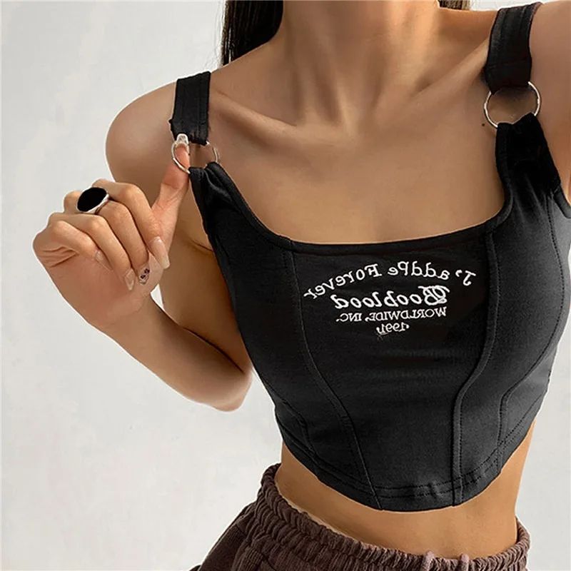 Y2K Shoulder Belt Iron Ring Crop Tank Top with Built-In Bra Pad – Embroidered Letter Slim Fit Cami
