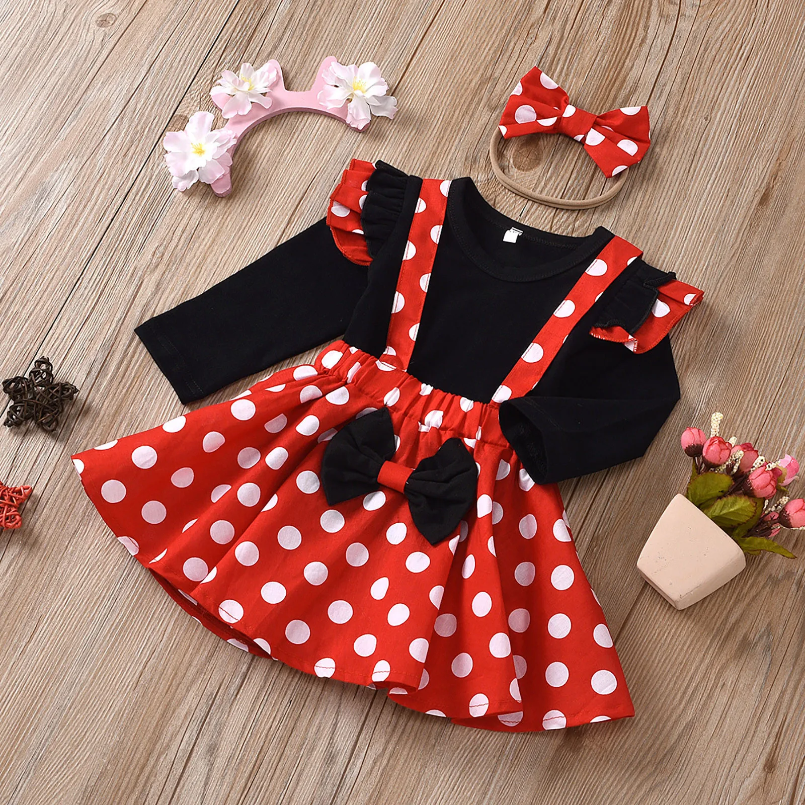 Minnie Mouse Dress Outfit for Girls 1-5 Years, Summer Baby Clothing Set with Dots Top, Skirt Headband