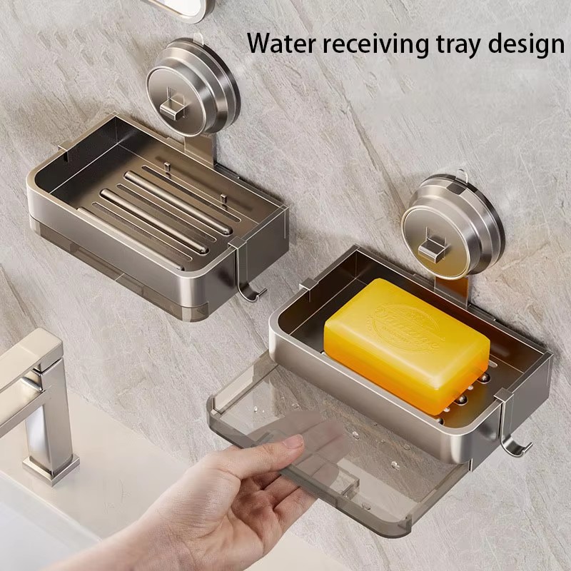 Space Aluminum Wall-mounted Suction Cup Soap Box Bathroom Shelf Drain Rack Storage for Toilet Washing Table