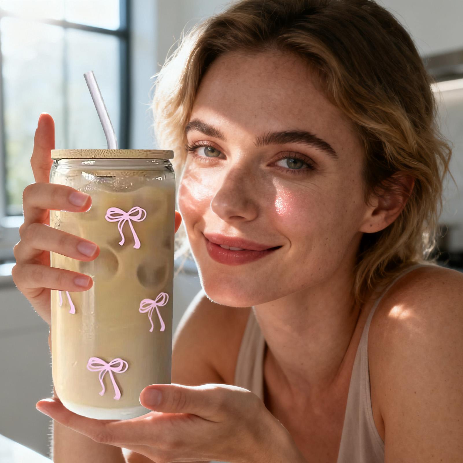 Cute Aesthetic Bow Shape Glass Cup with Lid, Straw Drinkware Iced Coffee Tumbler Matcha Tea Bottle Girls Gift