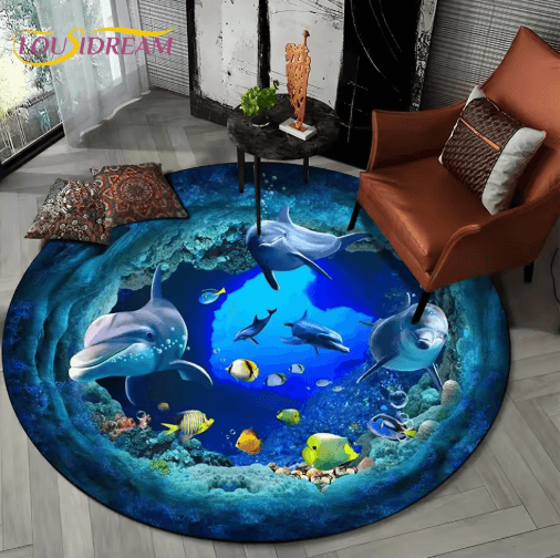 3D Ocean Dolphin Area Rug – Non-Slip Underwater Illusion Round Carpet
