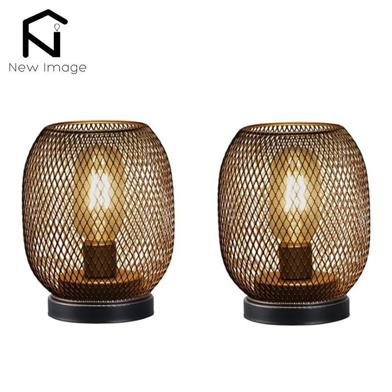 LED Lantern Table Lamp Set Metal Cage Cordless Decorative Light