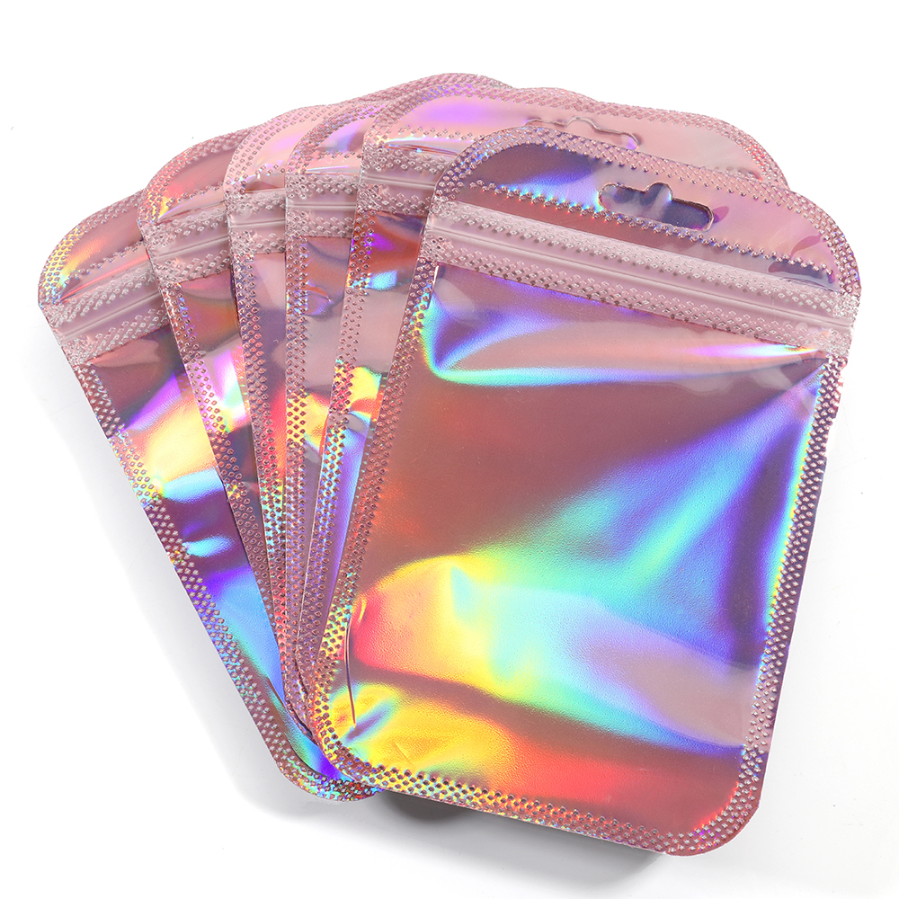 Resealable Zip Lock Pouches Pink Laser Iridescent Plastic Bags for Jewelry Display Retail