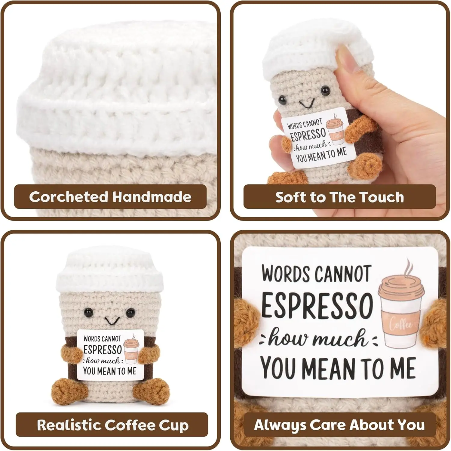Funny Crochet Coffee Dolls, Handmade Emotional Support Doll, Desktop Ornament, Christmas Gifts, Home Decor, With Card