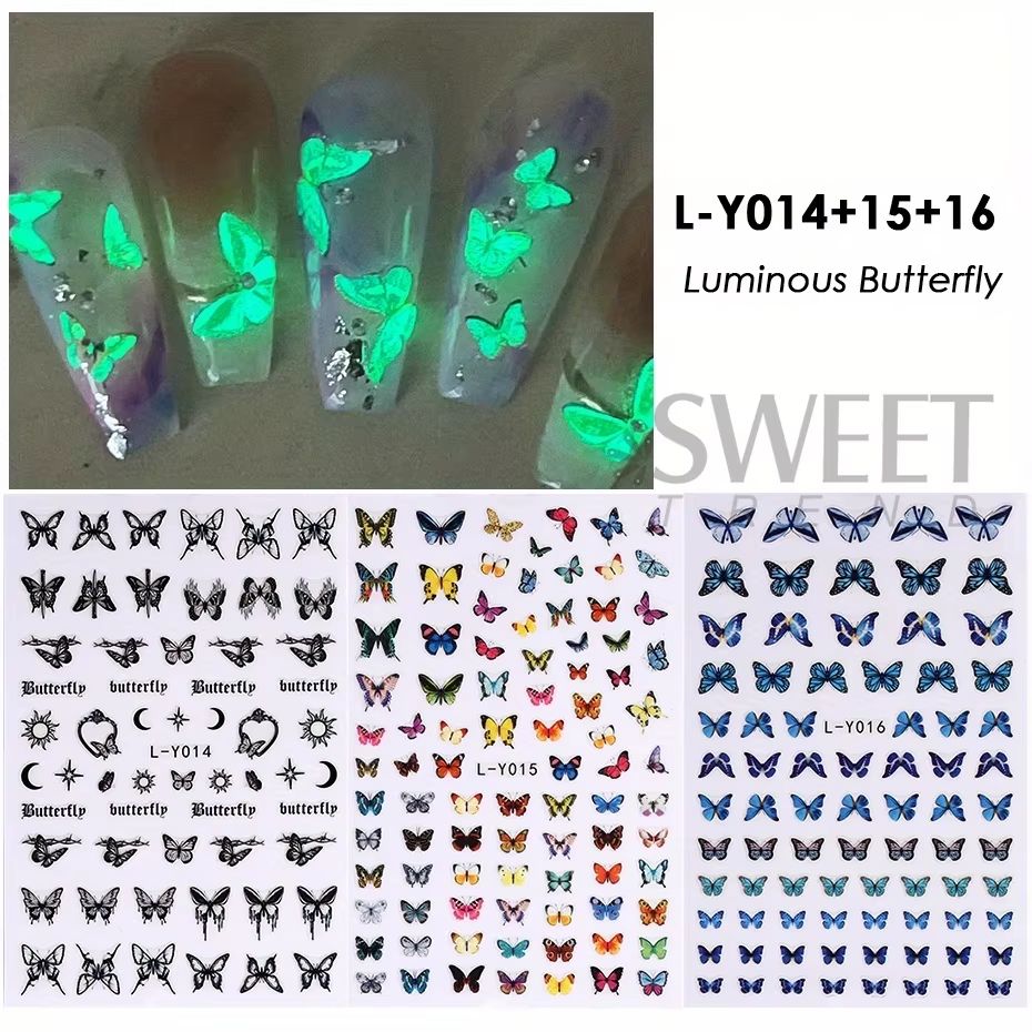 3-Piece Luminous Butterfly Nail Decal Stickers – Glow-In-The-Dark Nail Art Set