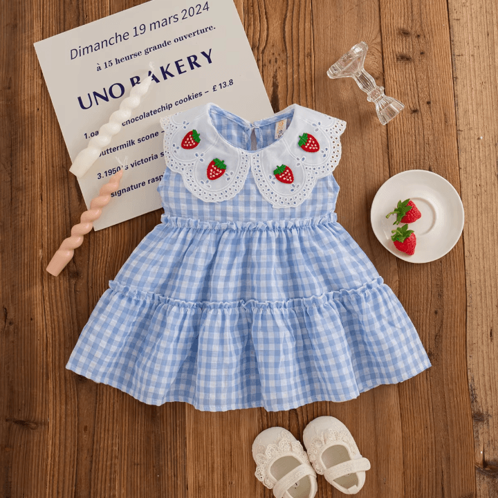 Korean Style Strawberry Embroidered Toddler Dress – Red Check Sleeveless Baby Girl Dress for Cute Summer Outings