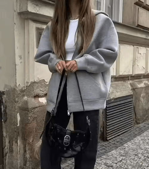 HH Autumn Women Gray Jacket With Hood Long Sleeve Big Pocket Zipper Jacket Coat Woman Loose Casual Outerwear Coat Tops