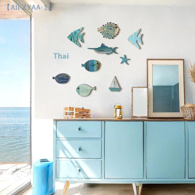 Wooden Fish Wall Decor Set of 10 for Coastal Wall Decor and Nautical Bathroom Decor