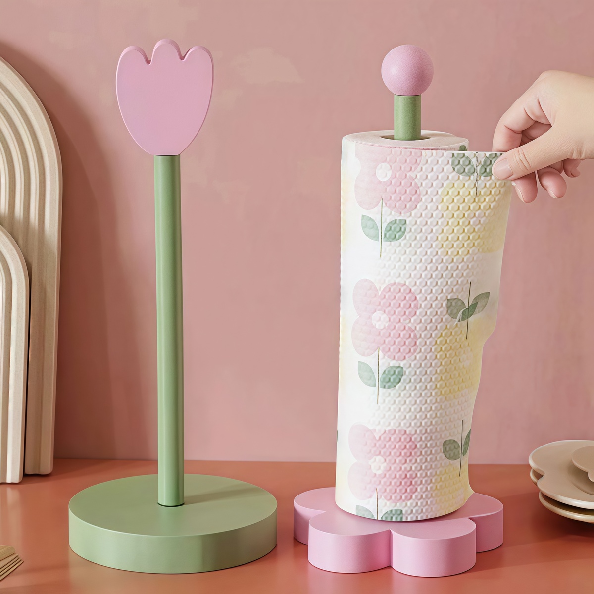 Tulip Wood Paper Towel Holder, Kitchen Roll Tissue Vertical Stand for Bathroom Storage