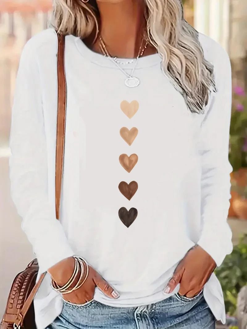 Y2K Vintage Love Heart Print Long Sleeve Shirt – Casual Crew Neck Retro Tee