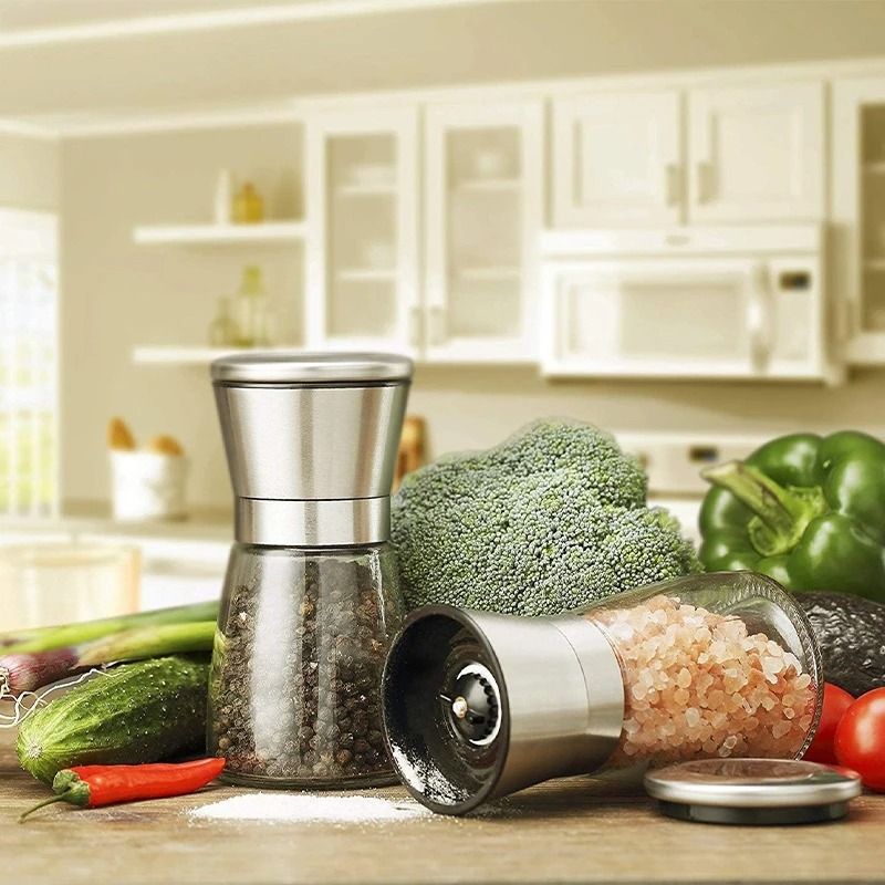 Salt and Pepper Grinder Set with Adjustable Coarseness Glass Body