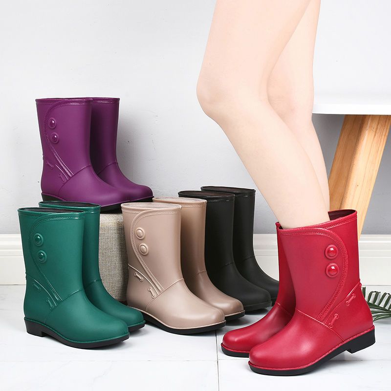 Mid Calf Non Slip Wear Resistance Waterproof Rain Boots - PVC Flat Round Toe Fashion Thermal Rain Shoes