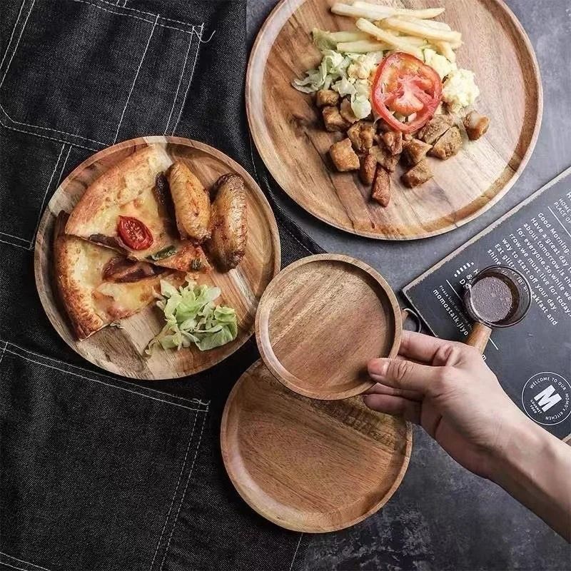 Wooden Round Serving Platter Tray Made from Natural Acacia Wood