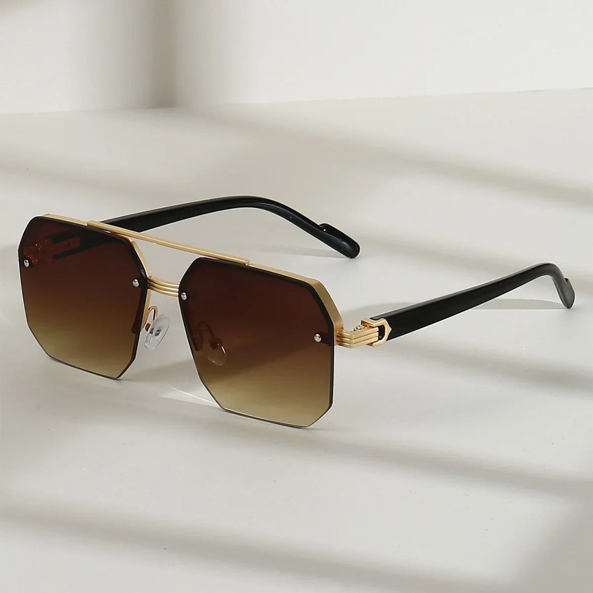 Mens Metal Square Half Frame Sunglasses Rice Nail Accent