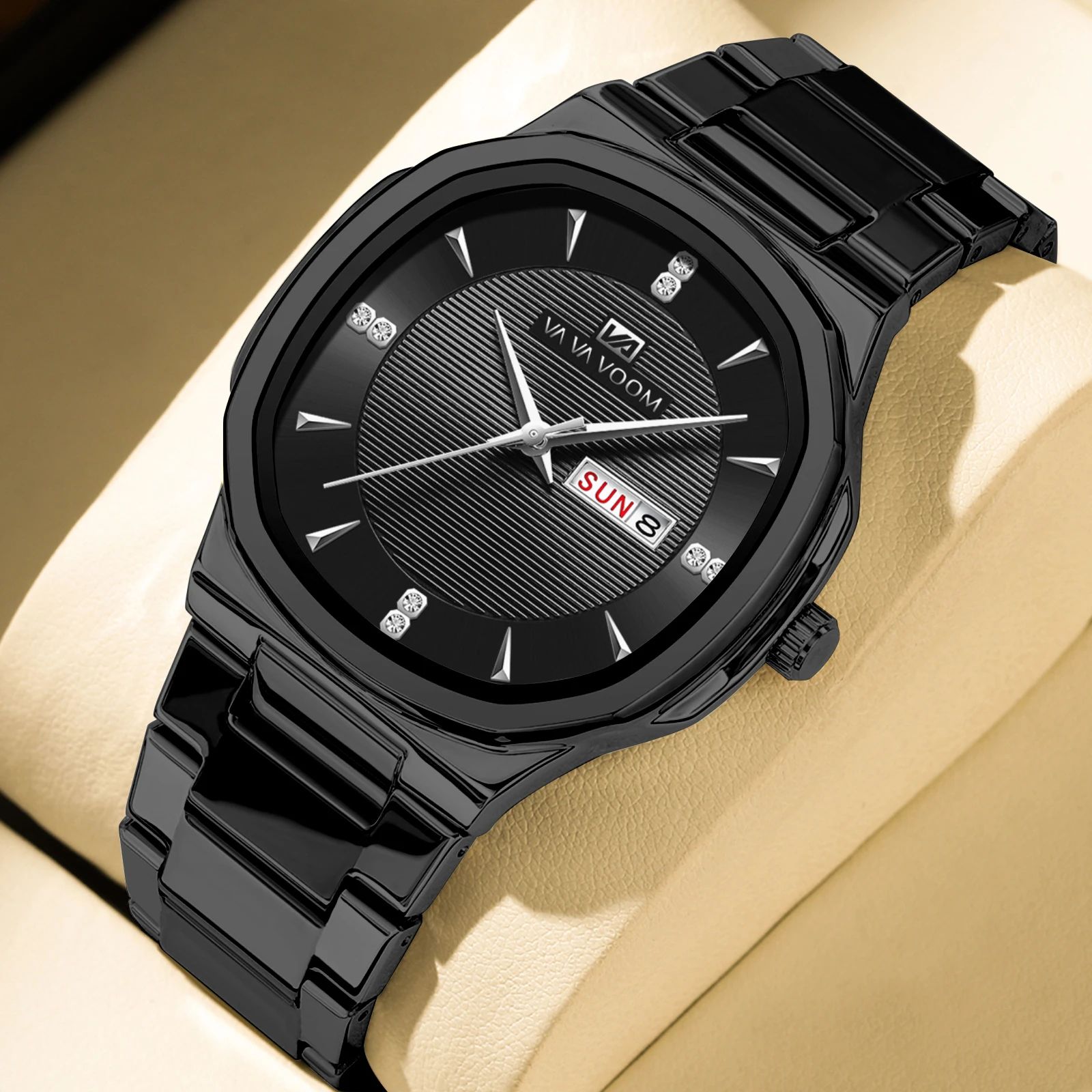 VA VA VOOM Gold Rhinestone Men's Luxury Watch – 41MM Stainless Steel Waterproof Quartz Business Timepiece