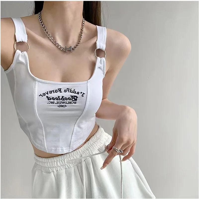 Y2K Shoulder Belt Iron Ring Crop Tank Top with Built-In Bra Pad – Embroidered Letter Slim Fit Cami
