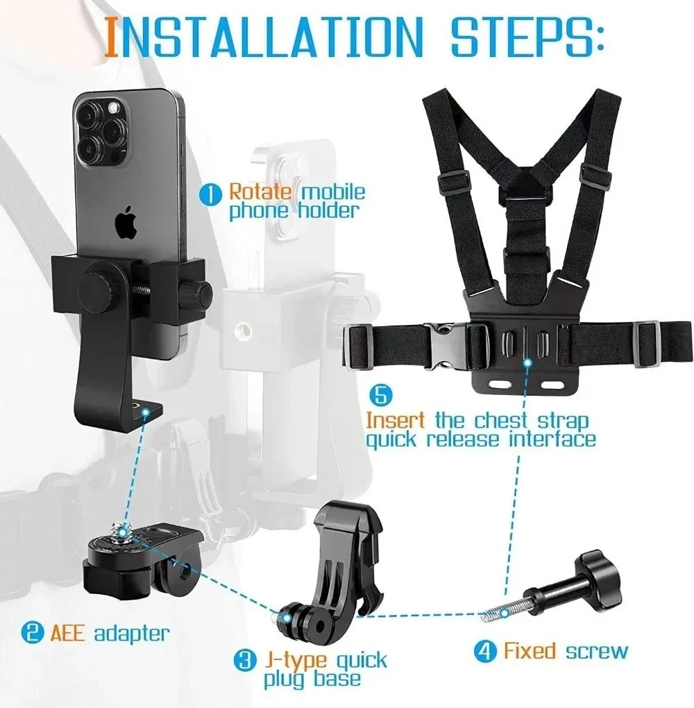Adjustable Phone Clip Holder with Chest Strap for Sports and Action Cameras