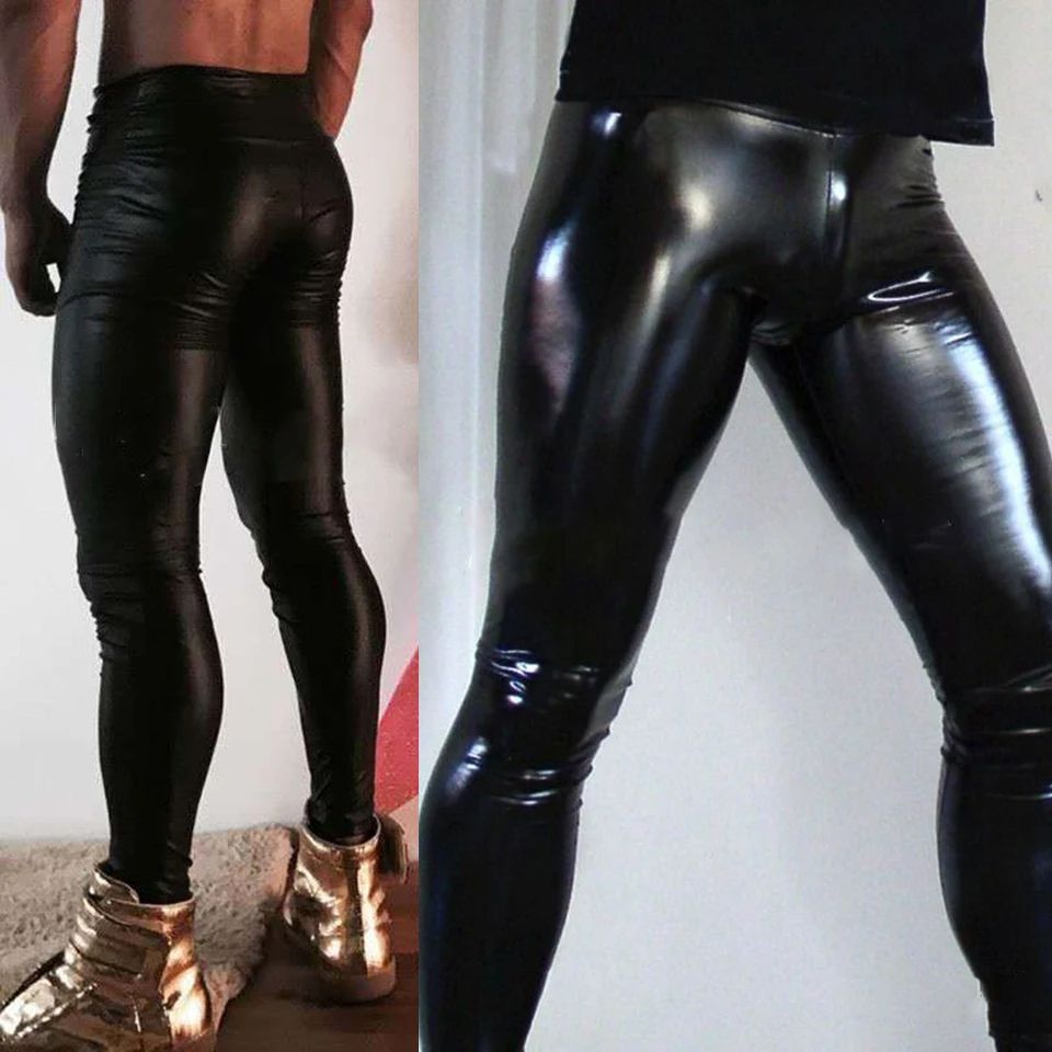 Men's Wet Look Faux Leather Skinny Pants – Slim Fit Clubwear Dance Performance Leggings