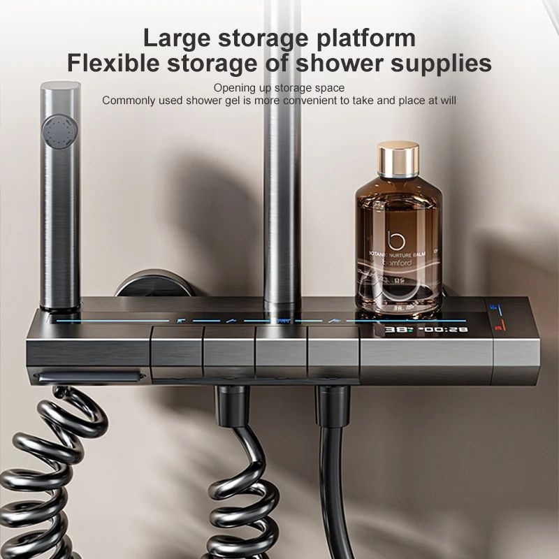 LumiFlow Digital Thermostatic Shower System with LED Display and Rainfall Shower Head