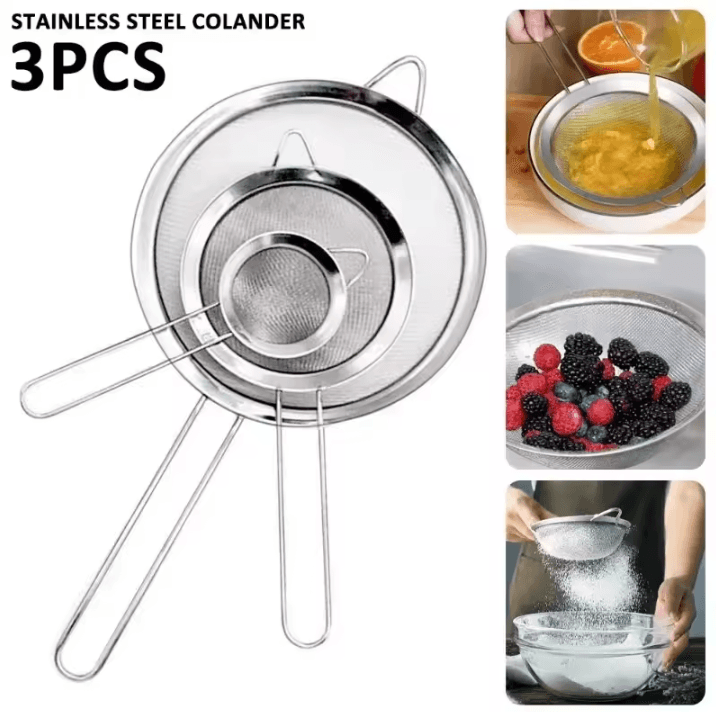 BakePro Stainless Steel Fine Mesh Strainer Set 3 Piece Flour Sifter Strainer with Handle for Baking Juice and Soy Milk