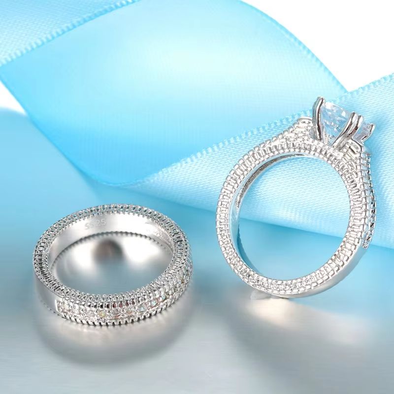 Elegant 925 Silver Wedding Engagement Couple Rings Set